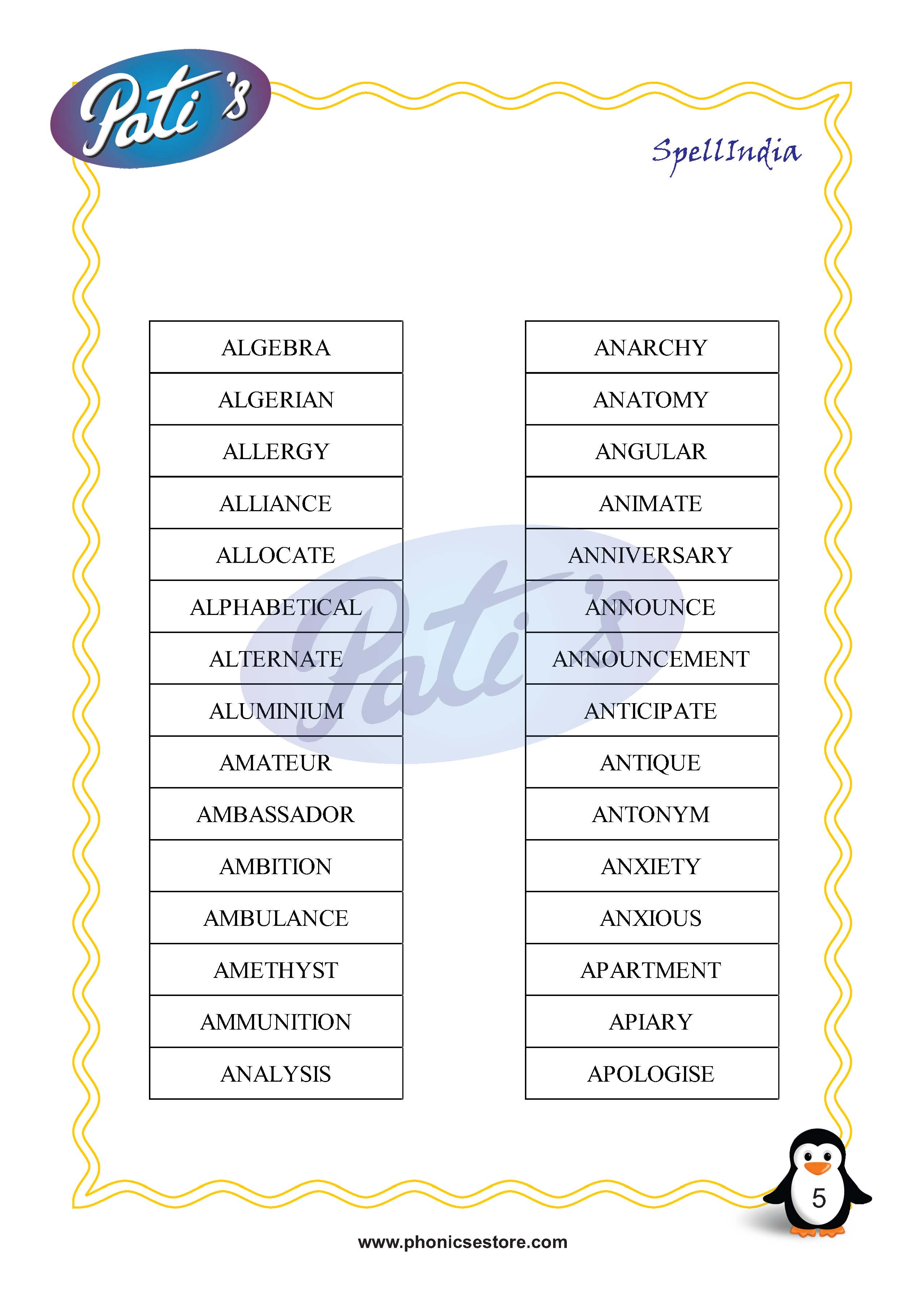 Pati Spelling Bee word list Class 5 Grade 5